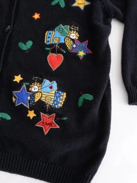 Black Cardigan with Colorful Embroidered Stars & Hearts - Picture 4 of 6